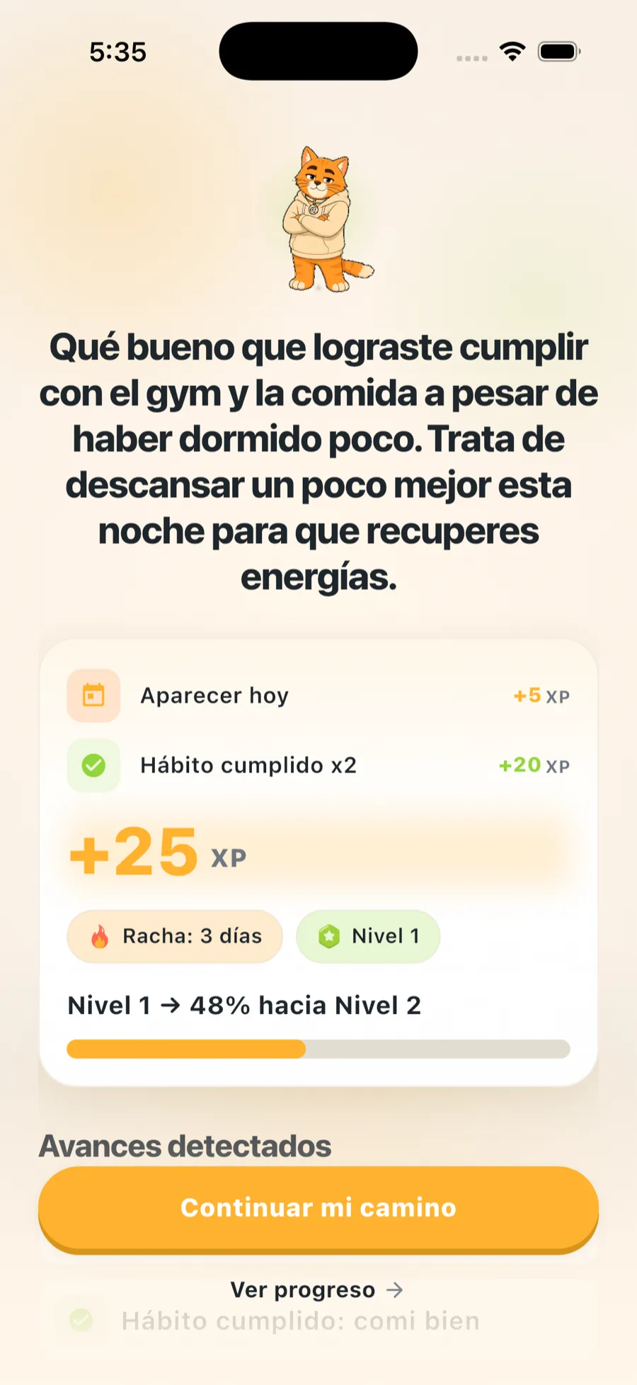 Pantalla resultado: progreso y XP